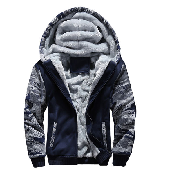 Men's Hooded Winter Jacket - Camouflage Sleeves - Navy Blue
