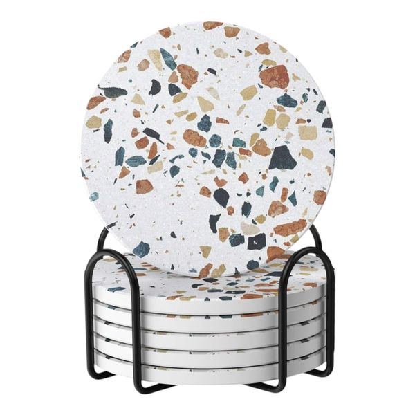 Set of 6 Ceramic Terrazzo Design Coasters with Holder - Multicolour