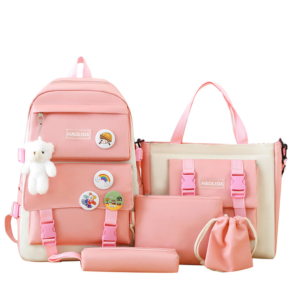5-Piece Student Backpack Set in Blue/Pink with Badge &amp; Bear Pendan