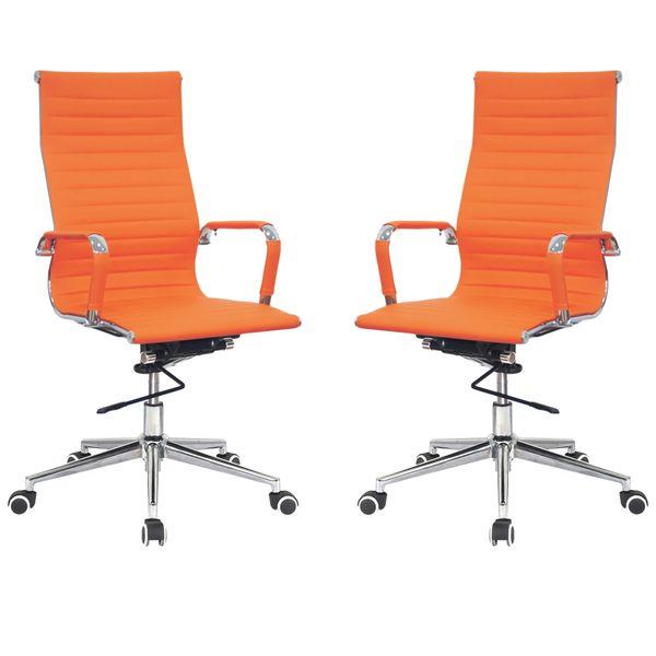Ribbed PU Leather High Back Office Chair-Set of 2-Orange