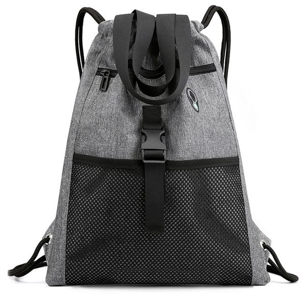 Drawstring Bag Gym with Pockets Sports Sack with Handle Backpack-Grey