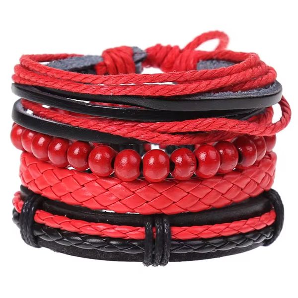 Handmade Leather, Beaded and Woven Bangle - 4-Piece Red and Black Bracelet Set