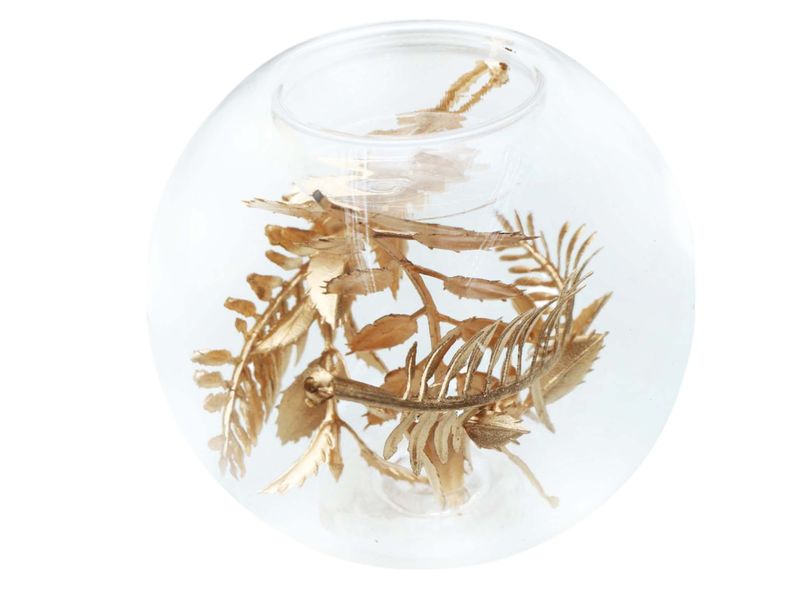 Tealight Holder Glass Gold Leaves Detail