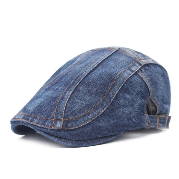 Men/Women Stitching Washed Denim Beret, Adjustable Size and Soft -Dark Blue
