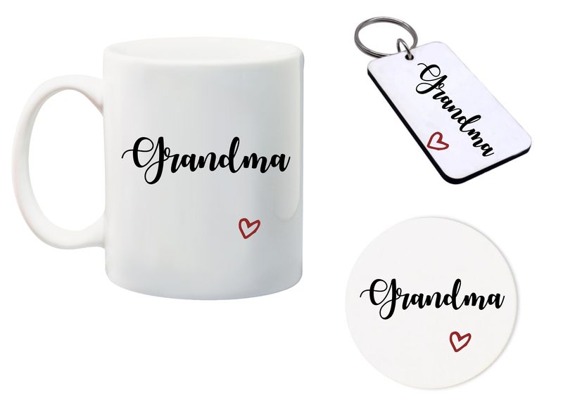 Grandma Mug, Glass Coaster and Matching keyring gift Combo