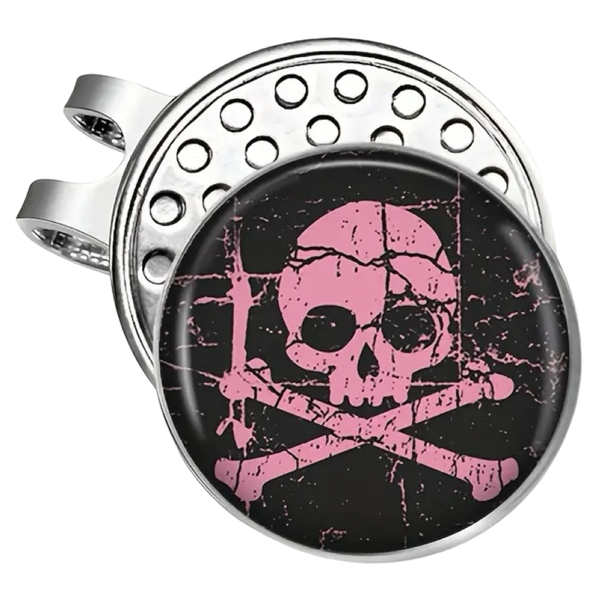 Golf Hat Clip with Removable Ball Marker - Pink Skull &amp; Bones on Black