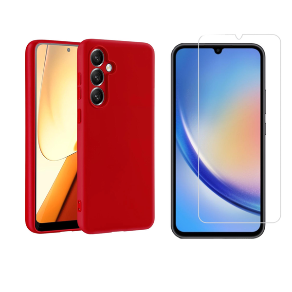 Glass + Red Silicone Cover Compatible with Samsung /A14/A24/A34/A54