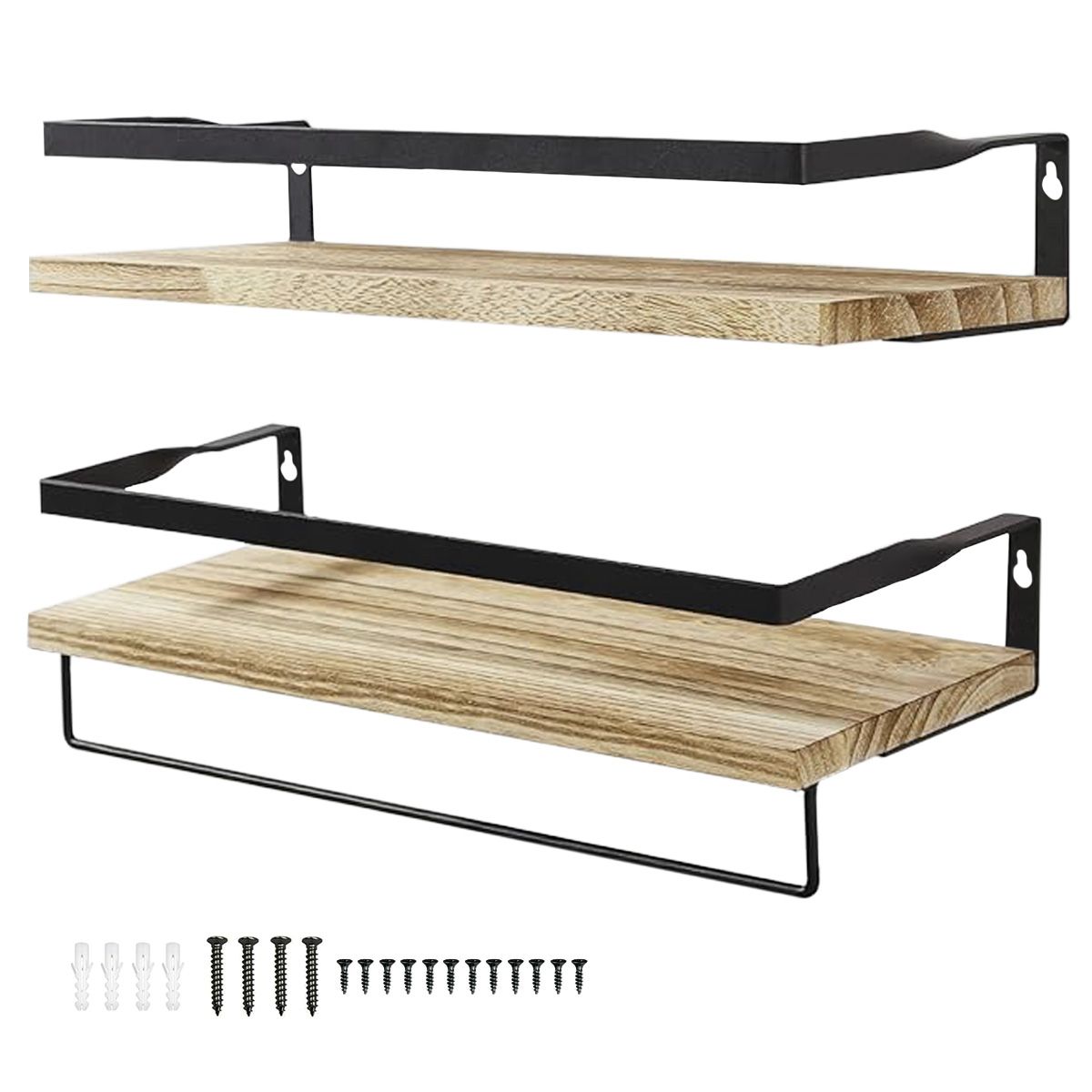 Wooden Wall Decor Floating 2 Tier Shelf with Towel Rack