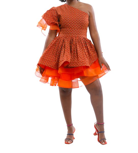 Selphies African Print Mosadi 3 Cats ShweshweTulle Flare Dress - Orange