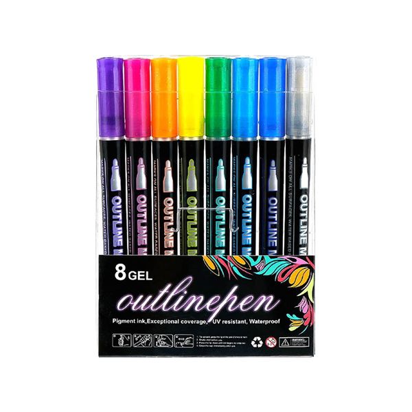 8pcs of Double-Line Outline Fluorescent Markers, Metallic Highlighters