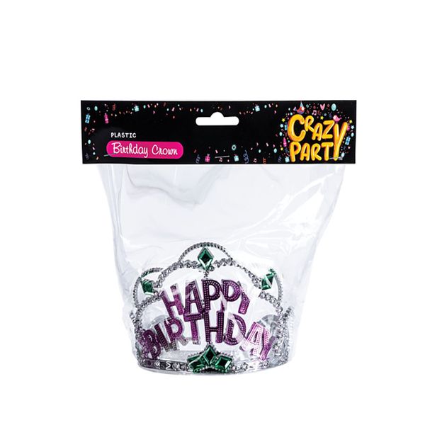 Crown - Happy Birthday - Plastic - Silver, Green &amp; Purple - 20 Pack