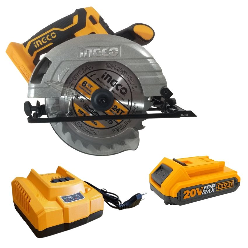 Ingco - Cordless Circular Saw - 20V (165mm Blade), Battery & Charger