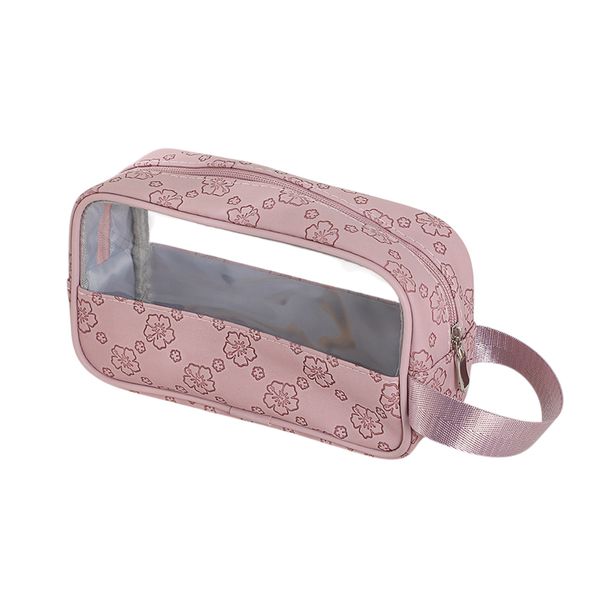 Floral Transparent Makeup Bag with Zipper &amp; Carry Handle - Purple