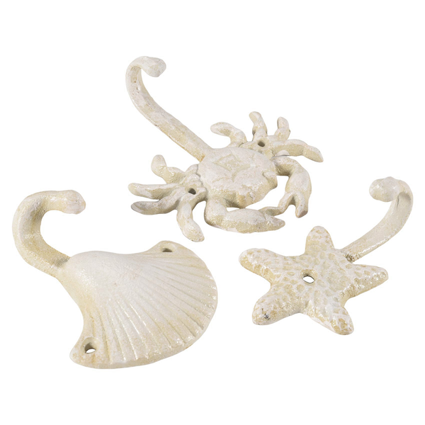 Set of 3 Starfish Seashell Crab Cast Iron Decorative Metal Hooks