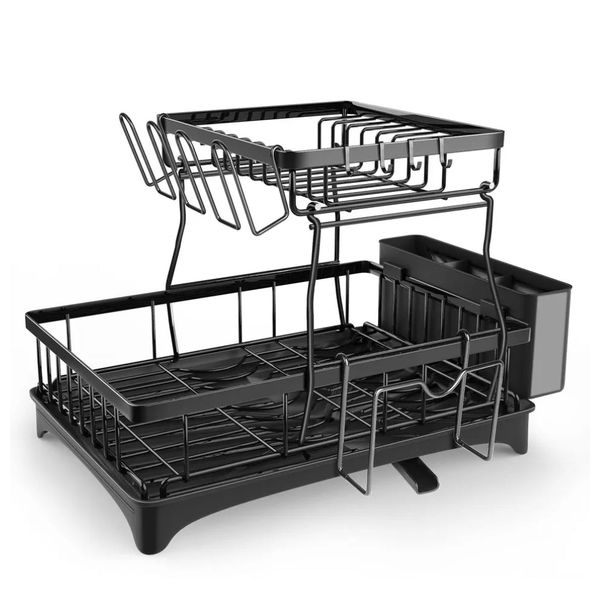 2 Tier Carbon Steel Cutlery Drying Rack with Removable Holder - Black