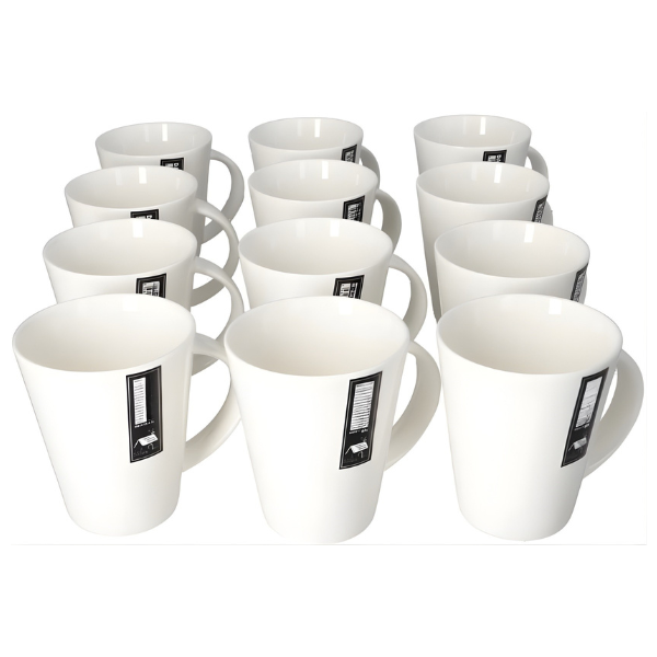 12 Piece Premium White Porcelain Mugs - Elegant Drinkware for Tea &amp; Coffee