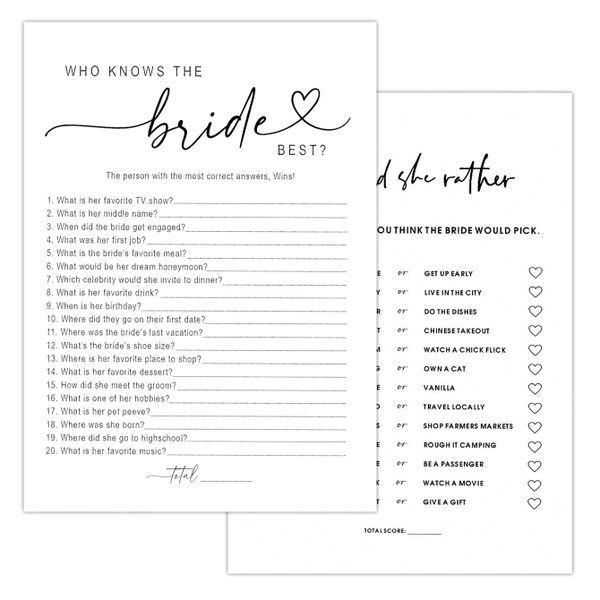 Minimalistic Bridal Bachelorette Shower Card Game - 40 Pack