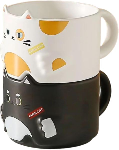 Stackable Cat Mug Set of 2, Ceramic Coffee Mugs for Cat Lovers,320ml