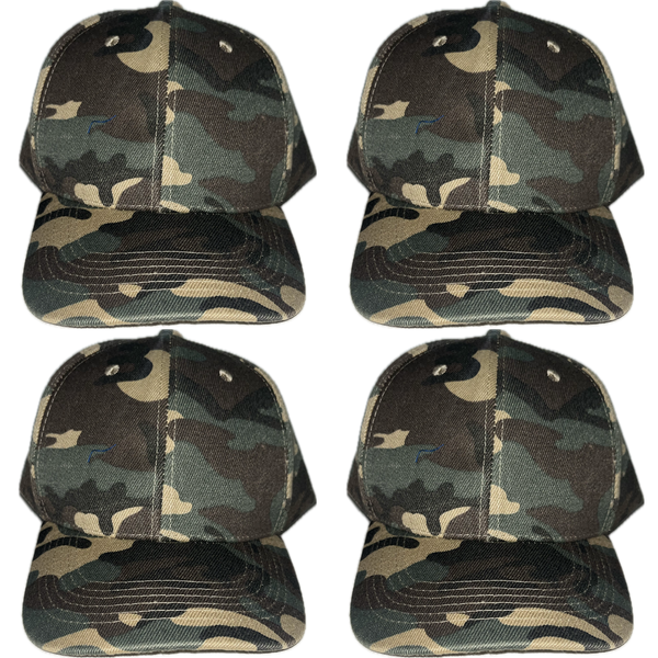 Camo Army Caps - Classic 6 Panel Outdoor Camping Caps - Adjustable - 4 Pack