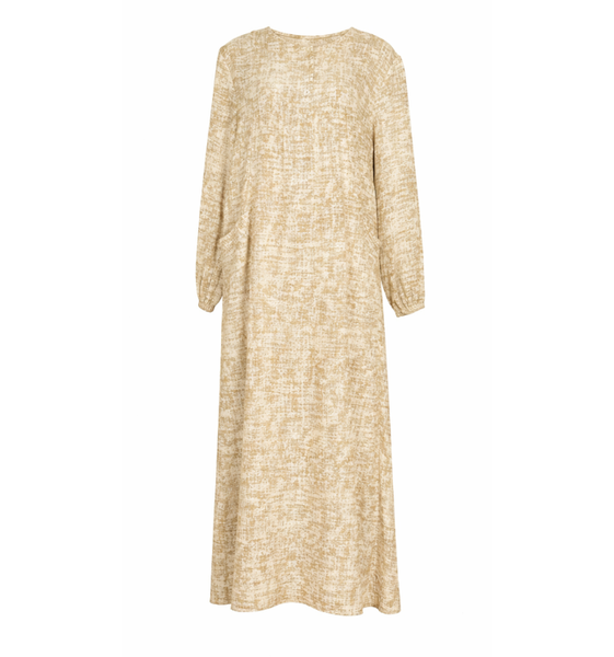 Neutral Textured Long-Sleeve Cotton Maxi Dress with Pockets