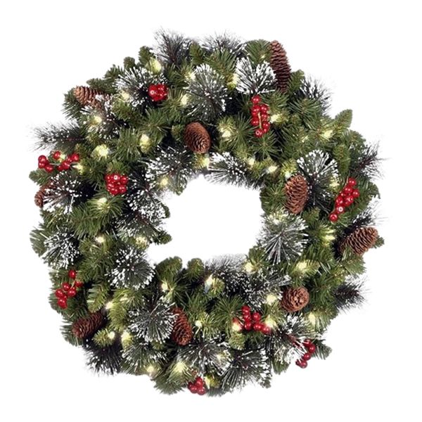 Martha and Stewart Season Pre-Lit Christmas Wreath with Cones,Berry,Frosted