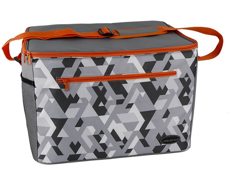 48 Can Soft Cooler Bag Grey Geometric With Orange Stitching