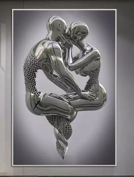 Abstract Couple Sculpture Canvas Painting Red Heart Metal Statue Wall Art