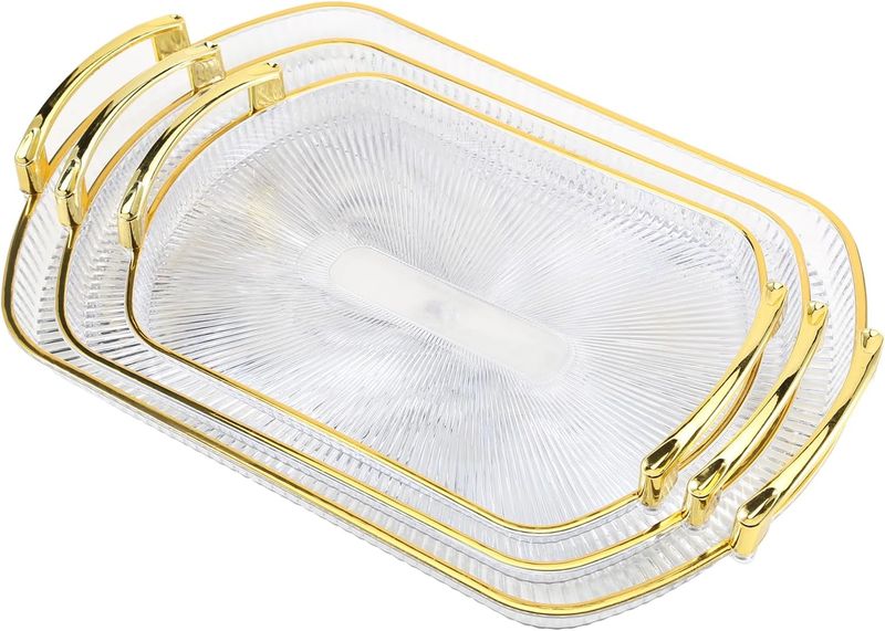 3 Pieces Rectangular Clear Tray with Gold Handles Stackable Modern Design