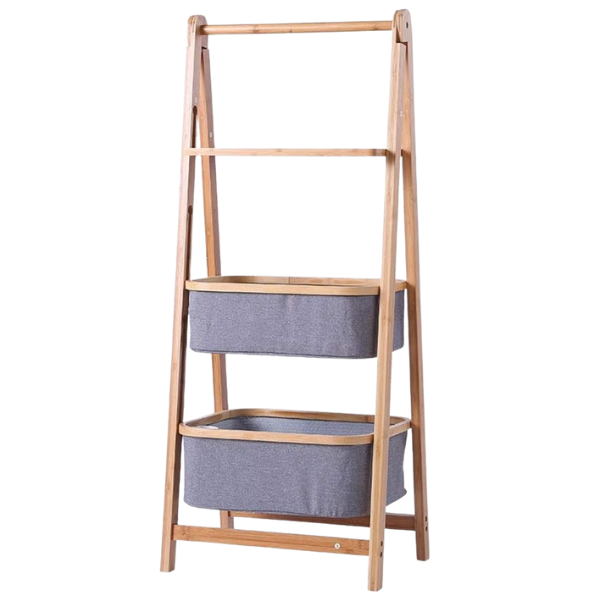 Bamboo Laundry Storage Ladder with Fabric Baskets - Multipurpose Organiser
