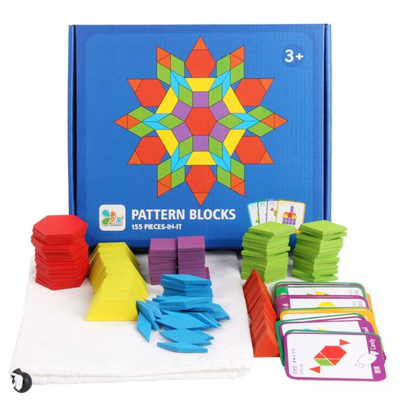 155Pcs Pattern Blocks Wooden Shaping Toy Educational Montessori Tangram Toy