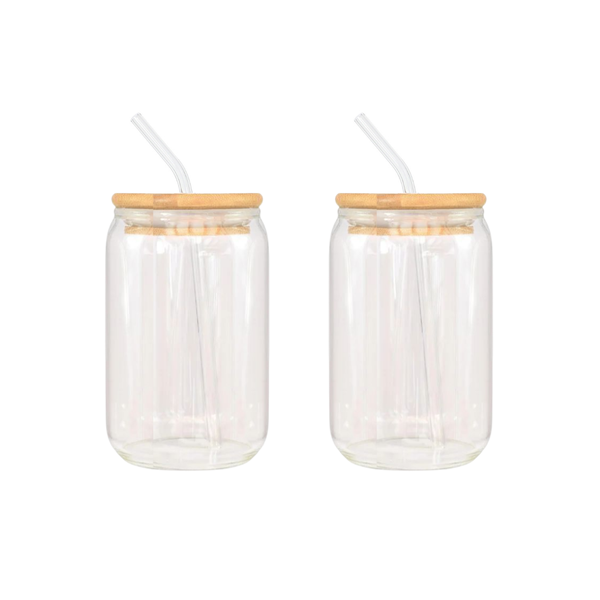 Beer Can Shaped Bottle with Bamboo Lid &amp; Curved Glass Straw - Set of 2 - 475ml
