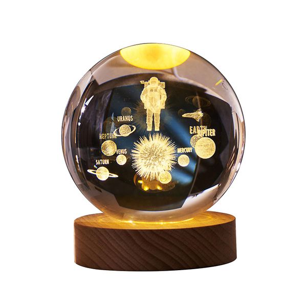 3D Galaxy Crystal Ball LED Night Light With Wooden Base - Astronaut+Solar