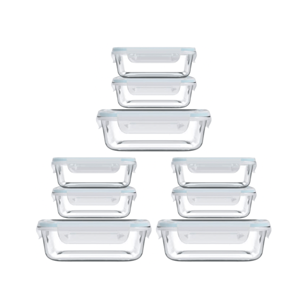 Rectangle Airtight Borosilicate Glass Food Containers - Mixed Pack - 9 Pack