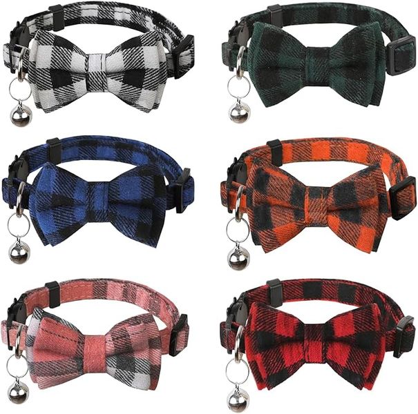 6 Pcs Cat Collars with Bow Tie and Bell Breakaway Adjustable Collar