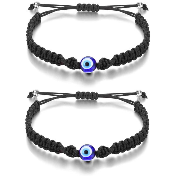 Adjustable Evil Eye Protection Bracelet, Lucky Amulet - Set of 2 - Black