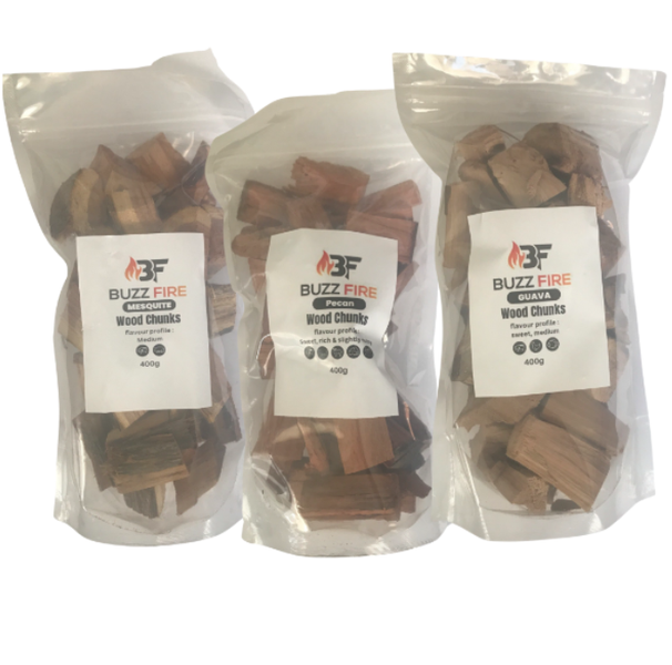 Smoking wood chunks TRIO - 3 Pack - Mesquite, Guava, Pecan 400g