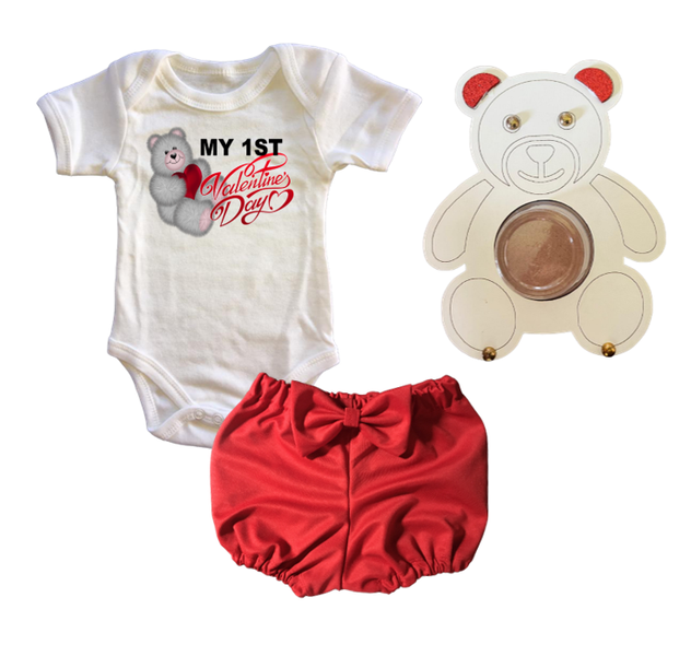My First Valentines Day Outfit-Vest, Bubble shorts &amp; Teddy Bear Frame