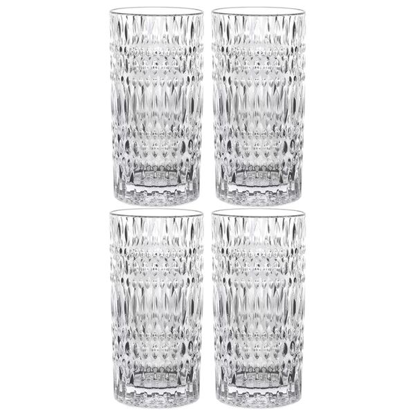 4 Pack Modern Tall Diamond-Cut Design Glasses - 400ML - Transparent