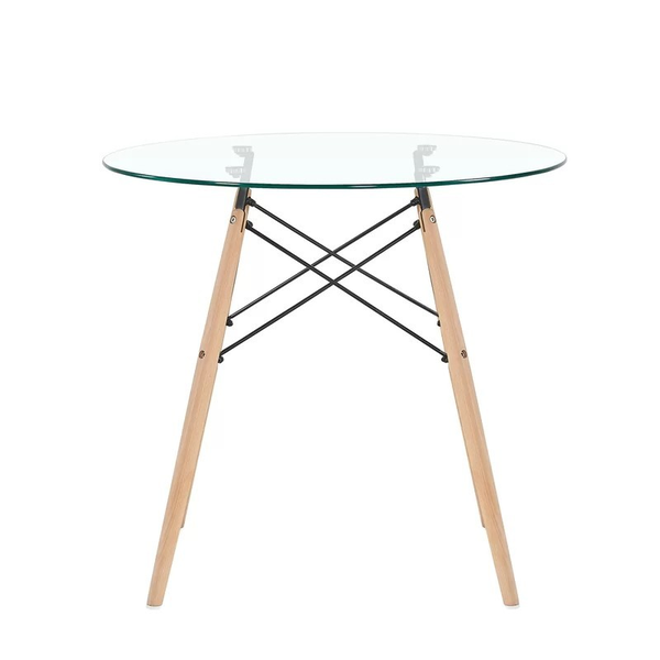 Modern Round Glass Dining Table with Wooden Legs