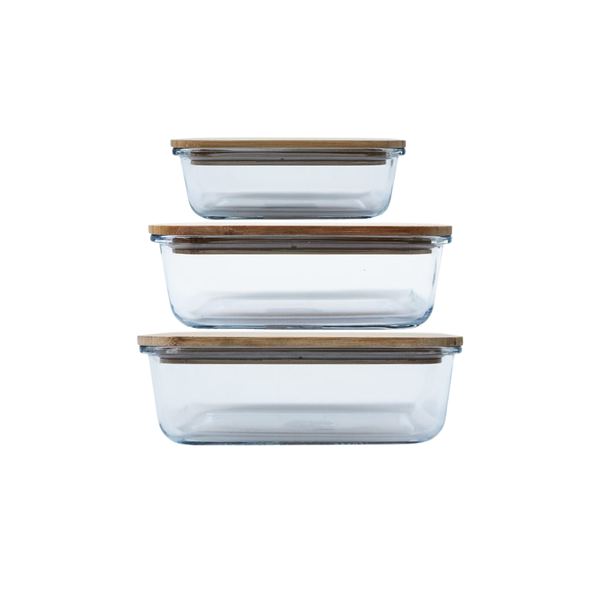 Glass Rectangular Lunchbox with Wooden Lid - 580ml, 1L and 1.3L - 3 Piece