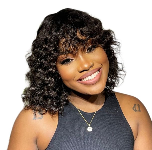 Brazilian/Peruvian Human Hair Curly Fringe Wig with Bang BOB Glueless Wig
