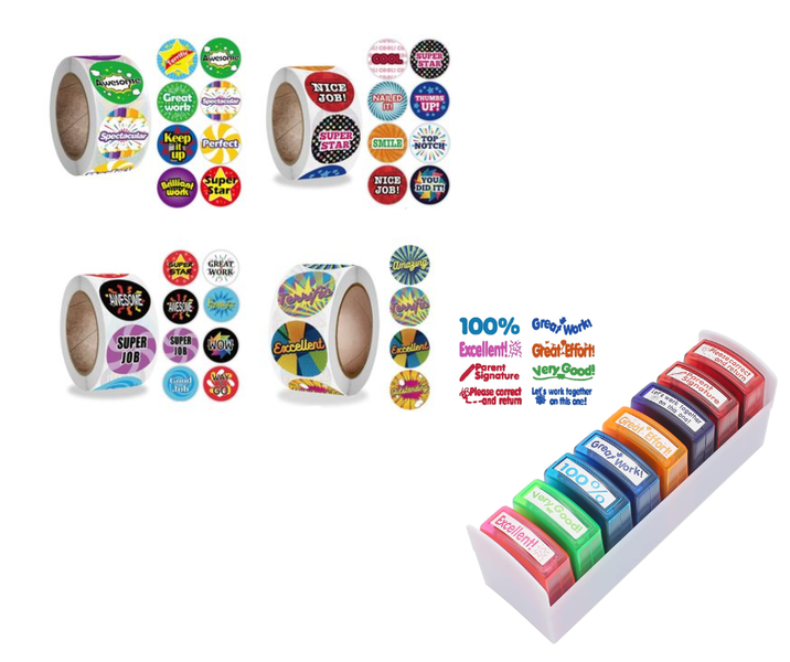 5PK Combo School Teacher Reward Motivation 4 Rolls(2000) Stickers &amp; 8 Stamp