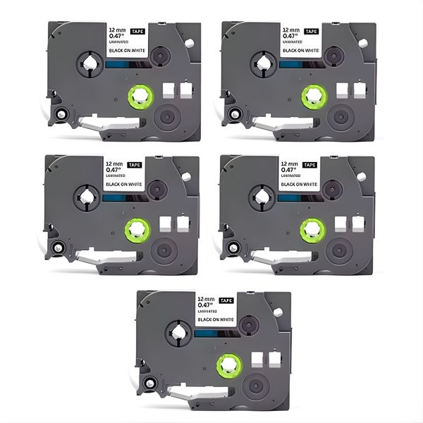 Set of 5 - 12mm Label Tape Cassettes Compatible with Brother Label Printer