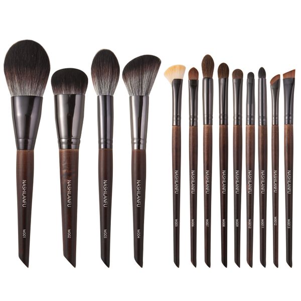 13-Piece Natural Animal Hair Makeup Brush Set with Wooden Handles