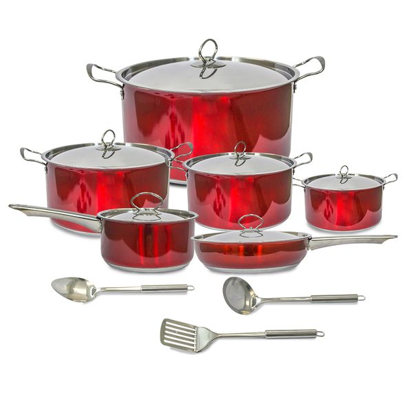 Conic 15 Piece Stainless Steel Heavy Bottom Cookware Set - Burgundy
