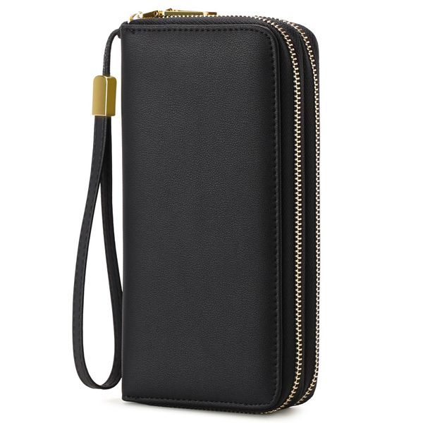 Leather Long Wallet with Double Zipper, 24 Card Slots, RFID Blocking,Black
