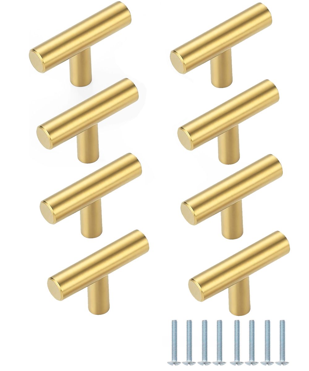 8 Pack Gold Cabinet Pulls, Single Hole Gold T Bar Hardware Drawer Pulls