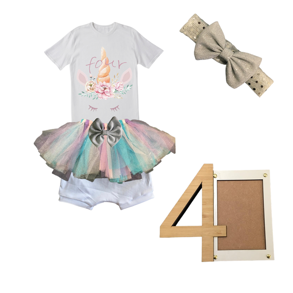 4th Birthday-Unicorn Tutu Outfit-Short Sleeve With Headband and Photo Frame