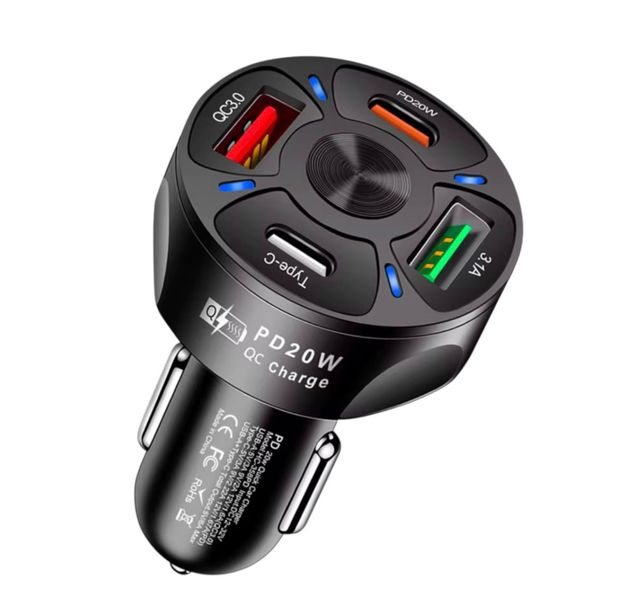 55W 4-Port USB Car Charger with Fast Charging, PD, and Quick Charge 3.0
