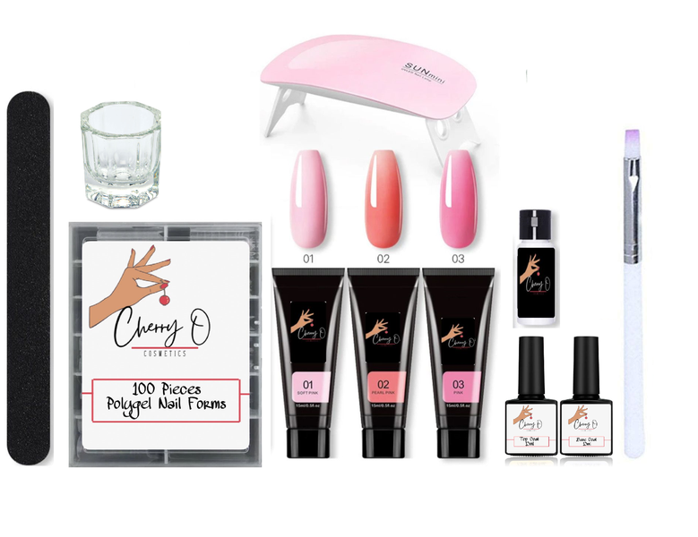 Cherry O Cosmetics Polygel Kit with Slip Solution, Lamp, Top &amp; Base Coat